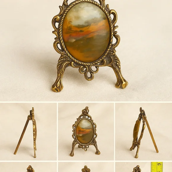 Antique Edwardian Landscape Agate Miniature Frame | Solid Brass Ormolu Easel - Picture 3 of 8
